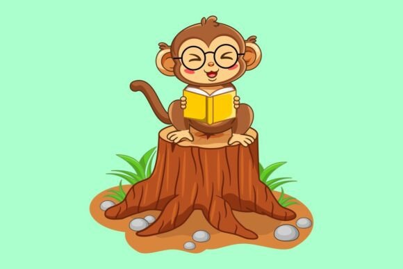 Cute Monkey Laughing While Reading Book Graphics