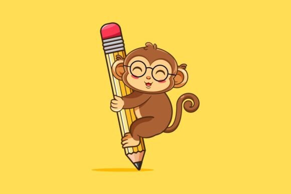 Cute Monkey with Glasses Hugging Pencil Graphics