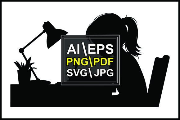 Silhouette Girl Studying at a Desk Lamp Graphics