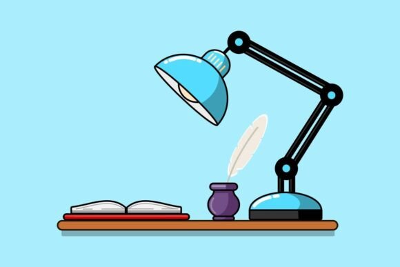 Study Desk Lamp, Book, and Inkwell